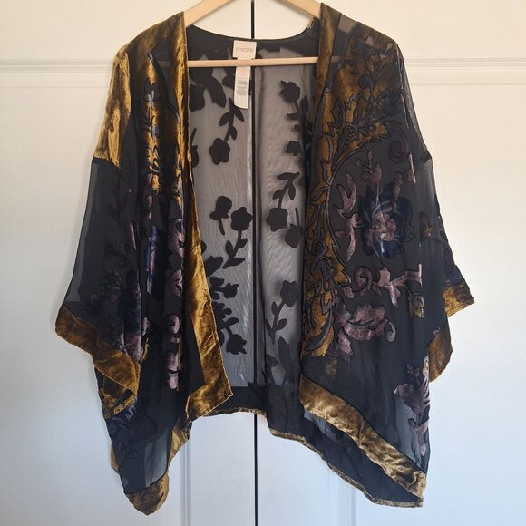 💙 Chico's Burned Velvet Cardigan Kimono Size L/XL Cottage Boho Hippie Artsy - Picture 5 of 10